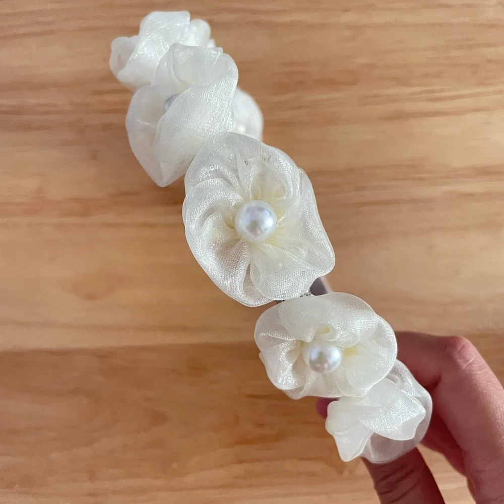 Girl Toddler Princess White Flower Black Base Headband Wedding Bridal Hair - Picture 3 of 5